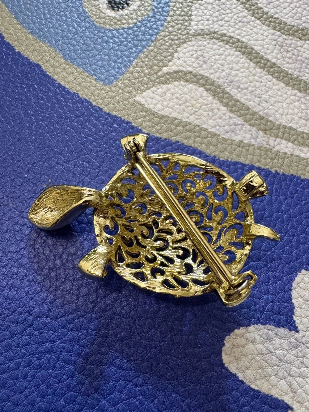 Gold-tone Turtle Decorative Reptile Brooch with Green Eyes